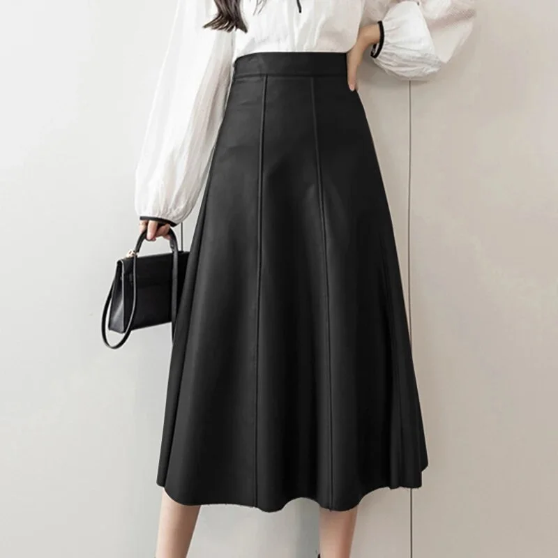 Women's High Waist PU Leather Fashion Designer Long Skirts (Plus Size)