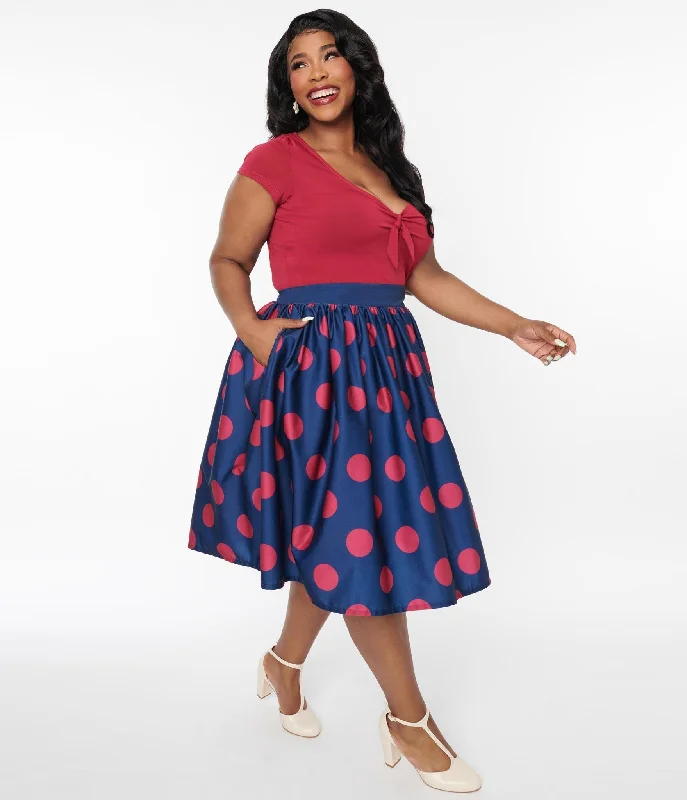 Unique Vintage Navy & Berry Polka Dot Gellar Swing Skirt