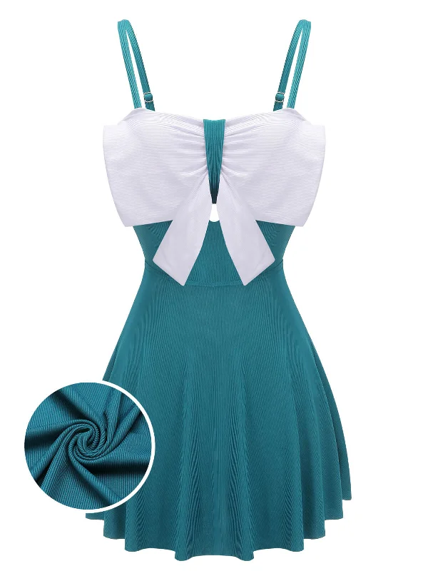 Blue 1930s Bow Strap One-piece Swimsuit