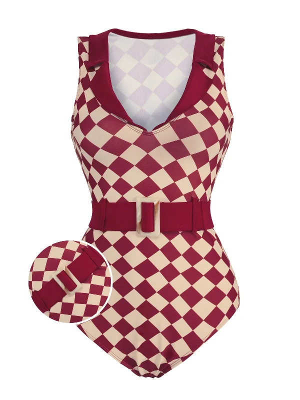 1930s Burgundy Diamond Lapel One-Piece Swimsuit