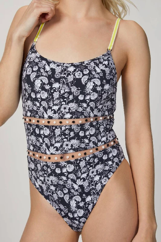 Cutout One-Piece Swimsuit In Blue Mini Flowers