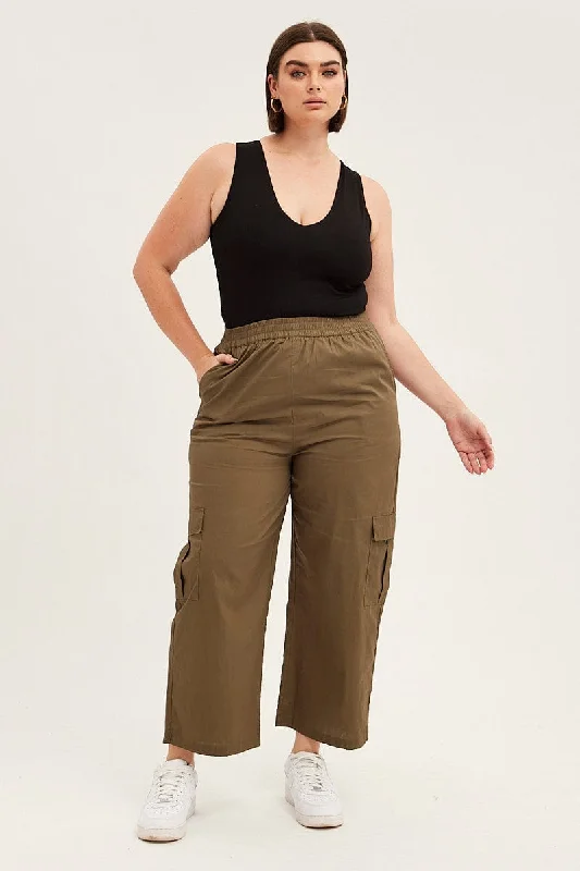 Green Cargo Wide Leg Pants High Rise