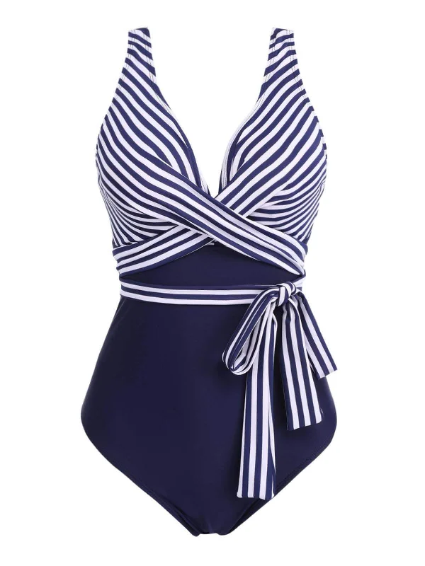 [Plus Size] 1950s Stripe Lace Up Patchwork One-Piece Swimsuit