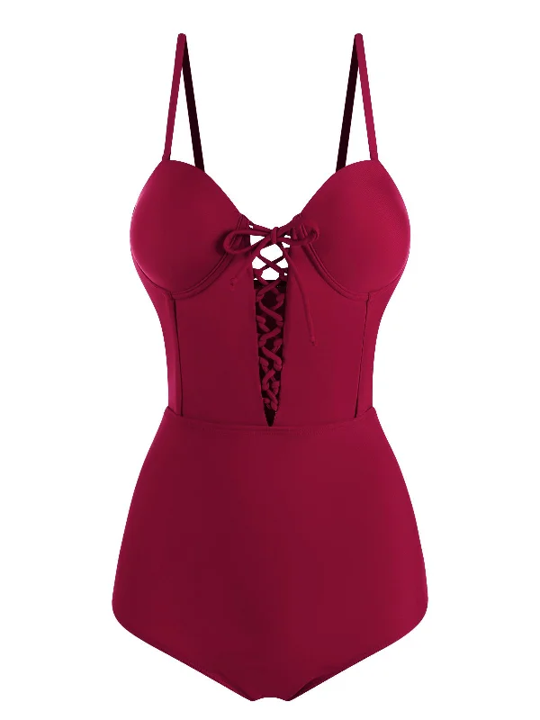 Wine Red 1960s Solid Spaghetti Strap One-piece Swimsuit